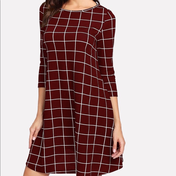 2 Left! Burgundy Windowpane Swing Dress - Picture 4 of 6